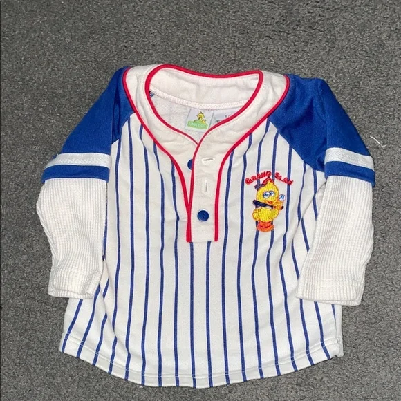 Vintage Sesame Street Big Bird Blue and White Striped Baseball Jersey - Picture 1 of 2